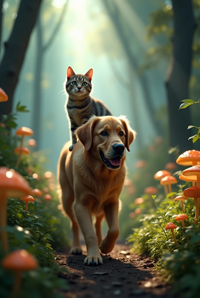 "4K ultra-realistic cinematic shot of a golden retriever dog and a tabby cat journeying through a dense, enchanted forest, where the trees tower above them and the ground is covered with glowing mushrooms and magical creatures, the dog cautiously stepping forward with the cat perched on its back, both alert and fascinated, beams of sunlight piercing through the thick canopy, rich and immersive environment, detailed fur and foliage, cinematic lighting, Unreal Engine 5 render, ultra-high resolution"