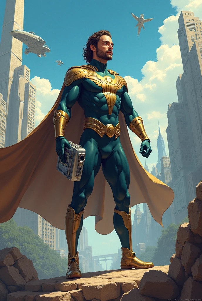 *Prompt:* "Leonardo da Vinci as 'The Visionary' - a superhero with the power of flight and invention, standing in front of a futuristic cityscape."
*Details:*
- Leonardo da Vinci wears a sleek, futuristic suit with a golden wing emblem on his chest and a flowing cape with a subtle Renaissance-inspired pattern.
- He stands confidently in front of a sprawling metropolis with towering skyscrapers, flying cars, and advanced technology.
- In one hand, he holds a futuristic device that resembles a cross between a smartphone and a Renaissance-era gadget.
- His eyes gleam with intelligence and creativity as he gazes out at the city, ready to take on whatever challenges come his way.
- The background cityscape should be a blend of modern and Renaissance elements, reflecting Leonardo's innovative spirit.
- The color palette should be bright and vibrant, with a focus on blues and golds to reflect Leonardo's association with innovation and wisdom.
Realistic ,with bold lines, dynamic poses, and a sense of energy and movement. Think classic superheroes meets Renaissance flair!