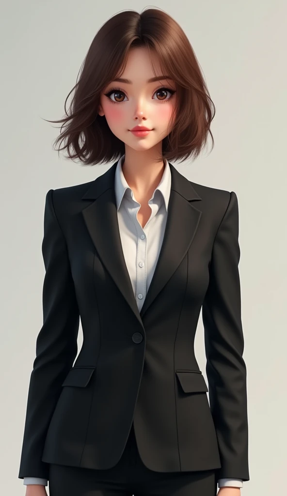 I'm drawing a new office lady with brown hair and a bob cut..、Generates extremely high quality and realistic CG images。The subject was a woman in her 20s..、Wearing a black suit。Suit details and fabric texture、Brown hair texture and luster、Pay attention to the details, such as the bob cut hairstyle..。She had a confident look.、In an office environment、Try to appear serious about your work。The background should be clean and have an office feel.。