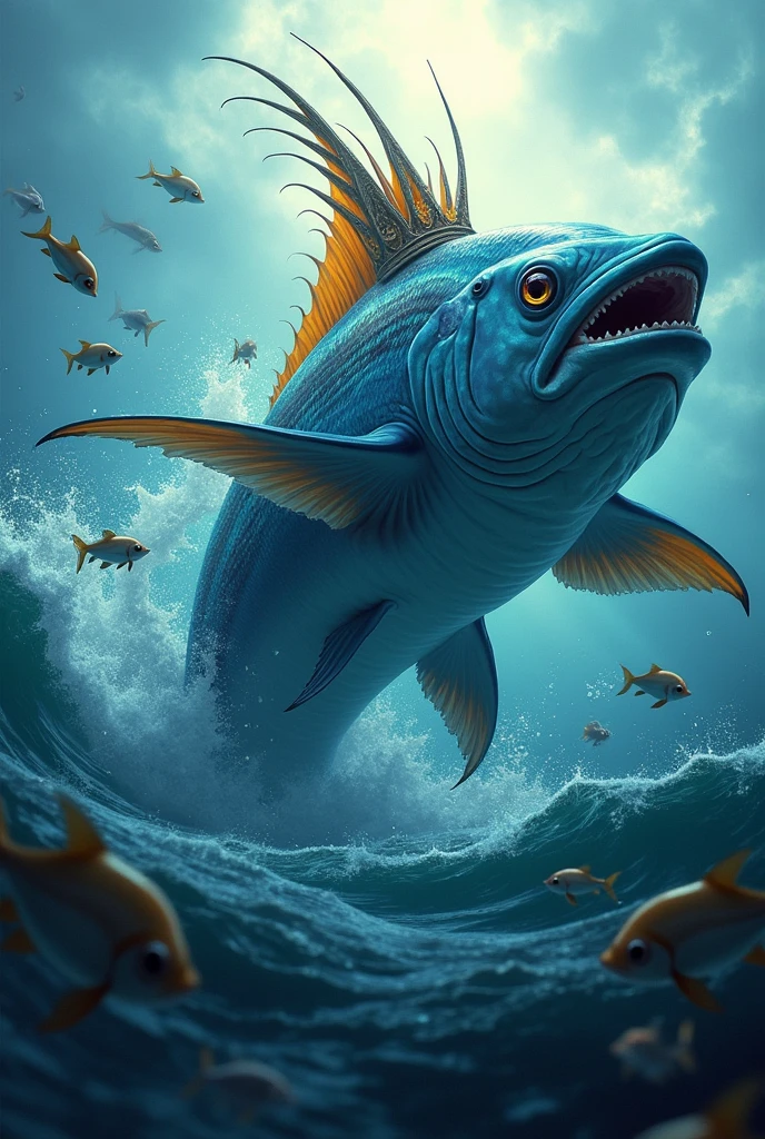 Create a crowned kingfish coming out of the sea epically with other fish around
