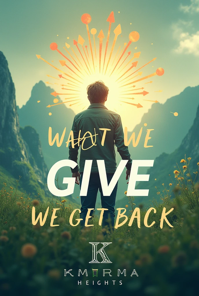 Make a YouTube thumbnail, channel name is karma Heights which is motivatial YouTube channel, the main theme of the thumbnail is  what we give we get back multiplied 