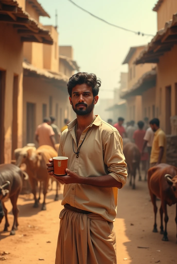 एक नौजवान गाँव के बिच मै एक हाँथ मे मग रहा है ai फोटो