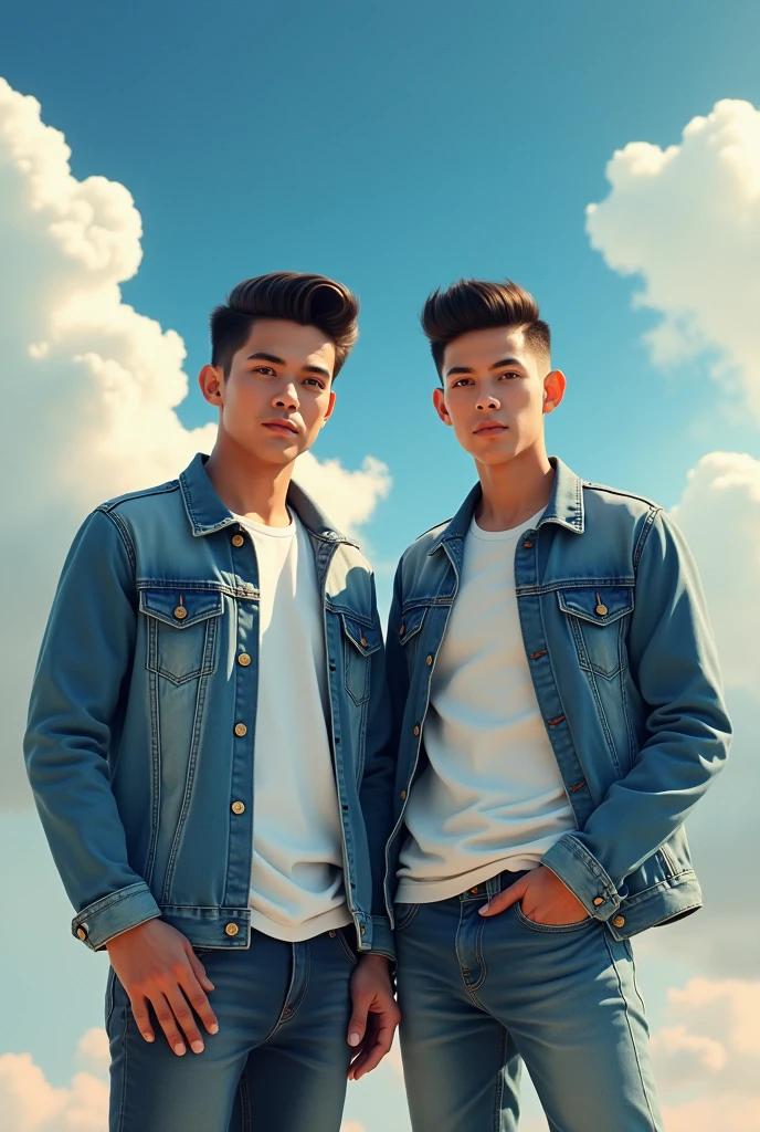 A man with light eyes, 30 years old, short black hair with a pompadour, with a denim jacket and white t-shirt next to the presenter Silvio Santos in the sky 