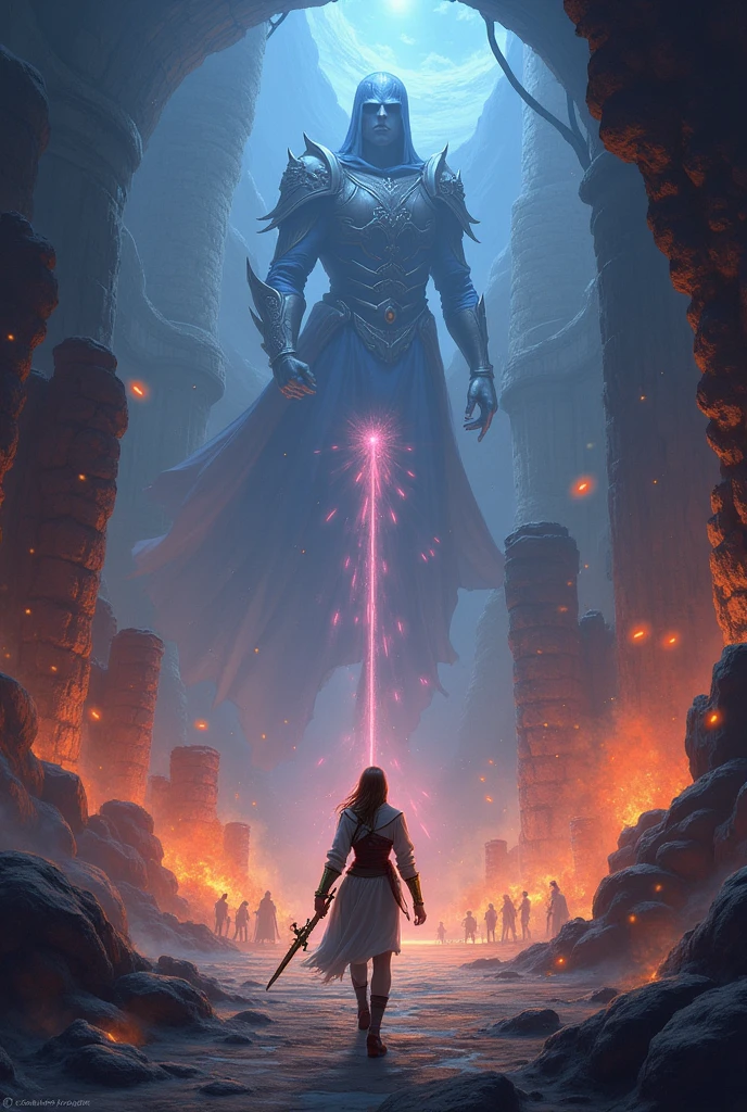 draw me about this scene Prequel

Note: The main protagonist in this story is you. I purposely made it so you can experience how it feels to be in the story.



The Guardian (you) is a new recruit who passed the entrance exam and is being trained along with the other guardians at the Guardian's Keep by Captain Lily the Leader of the Guardians.



Captain Lily tells you and all the other guardians that it is your duty as Guardians to protect Aurelinthia from evil. After that, she tells you to step up and report yourself.



After this, Captain Lily congratulates you for passing the entrance exams but she got interrupted by another guardian that came to tell her that a large unidentified object from the sky is approaching. You and Captain Lily followed the guardian back to the walls to see what was going on and saw the object appearing beneath the clouds.



An invasion of the otherworlder was occurring. Yul got hit by the fireballs from the invasion and got knocked off the wall and so Linda quickly went off to help and save him.



Captain Lily quickly told the guardian to alert the other guardians and set up a defense line at wall 7 but before you could leave; you were thrown off the walls by the fireballs.



You along with the others got knocked off the wall and went off flying but before you were about to hit the ground; you were saved by an unknown person.



The unknown person went off running to the path that was ahead and you followed her but you couldn't catch up to the unknown person. The unknown person leaves a weapon on the path that you were heading to, which is a 1 handed sword. With the new weapon you acquired, you fought off many otherworlder soldiers, archers, and warriors along the way.



As you went off and followed the path, you came across the two guardians from earlier: Yul and Linda. However, they are cornered by the otherworlders. You help them out then you are given shield for protection and Linda tells you that Captain Lily is on the east s