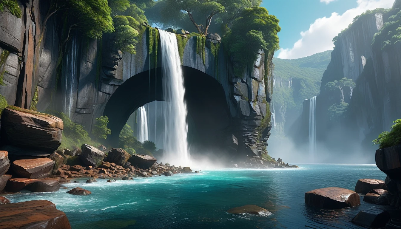 a cliff overlooking a waterfall, several arch-shaped stones at the top, matte painting 8k, matte paint 8K, vertical wallpaper 8K, vertical wallpaper 8K, vertical wallpaper 4K, vertical wallpaper 4K, lost series, realistic fantasy rendering, digital painting with 8K resolution, digital painting with 8K resolution, Jessica Rossier fantasy art, 4K rendered matte paint, 3D rendered matte paint