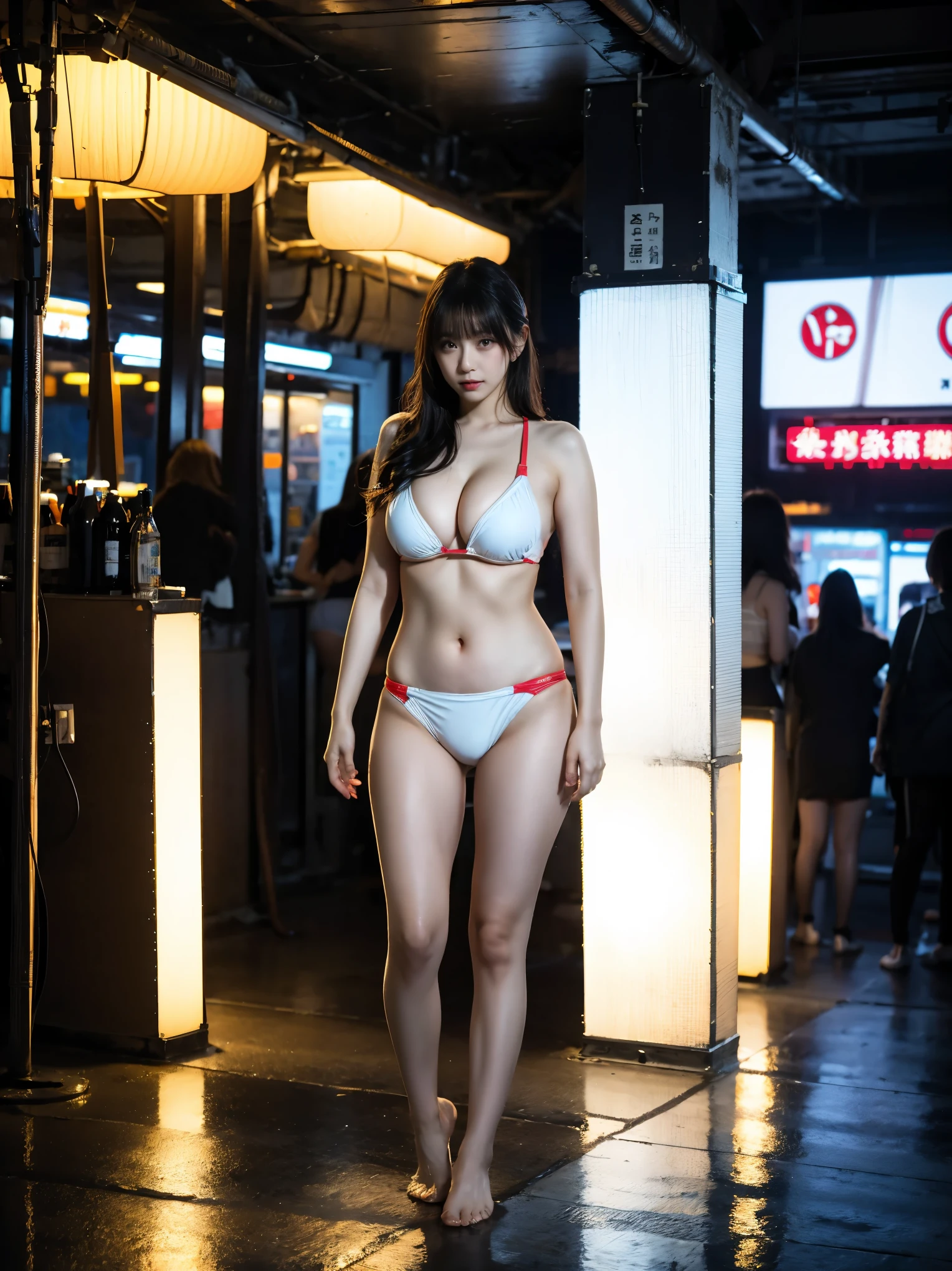 masterpiece, (Highest quality:1.2), [:Intricate details:0.2], 1 person, Big Breasts, Shining Aura,  Crackling Energy, Shining moat,Wavy Hair,View your viewers,Full Body Shot,Swimwear，Portraiture,Neon glowing night city、Saibarpunk