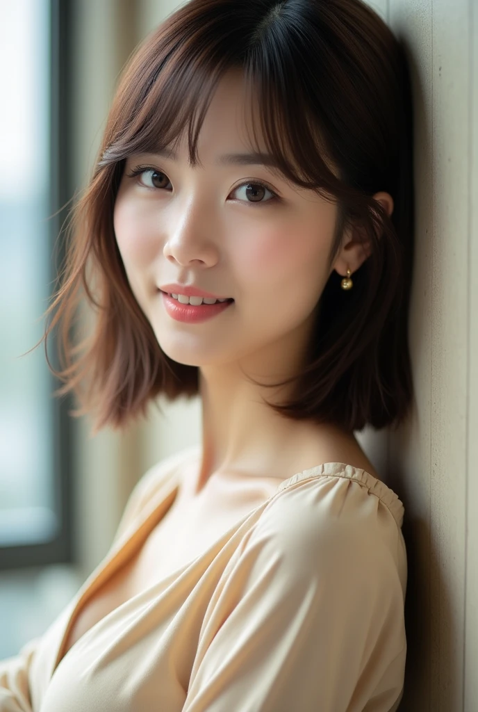 high resolution、A transparent Japanese woman、Ima-ish、Elegant、White Shirt、looking at the camera、body is angled、smile、Moist and shiny hair、Thready hair、cute、Brown Hair、Beautiful young woman who looks like a model、Leaning against a wall、Big eyes、Glossy makeup、Outline of an inverted triangle、Pulp lips、face is slanted45Every time、Straight Hair、The tips are heavy、Beige 5/8 sleeve top with hidden chest、Hide your chest、Attractive features、Big eyes、Beautiful woman、Single gold earrings、Diagonal bangs、Side-parted bangs、Beautiful like a celebrity、Thin bangs between the eyebrows、A trendy blunt bob with little volume、Naturally flowing bangs、No bangs standing up