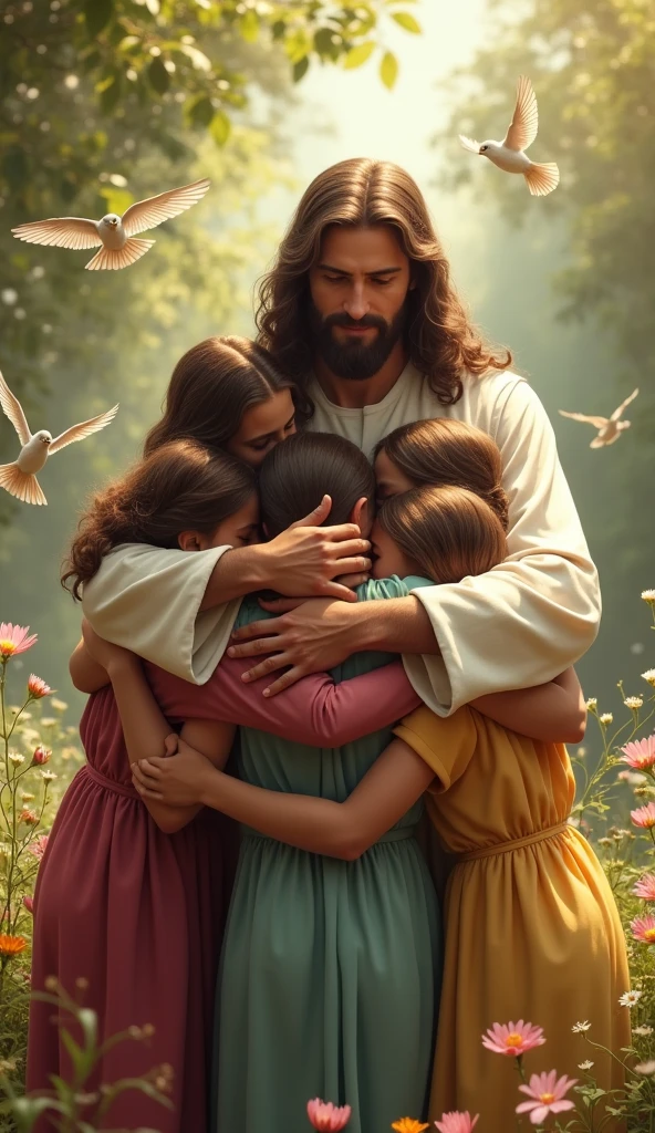 Jesus hugging 5 people in a group hug with a garden and birds background 