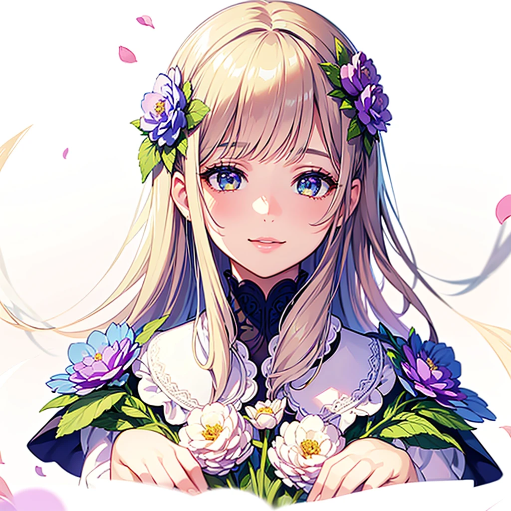 intricate detailed girl in a lush garden, beautiful detailed eyes, beautiful detailed lips, extremely detailed face and eyes, long eyelashes, elegant floral dress, holding a large bouquet of flowers, smiling, starry night sky, detailed background, 8k, extremely detailed, highly detailed, masterpiece, photorealistic, vibrant colors, dramatic lighting, fantasy, magical, dreamy