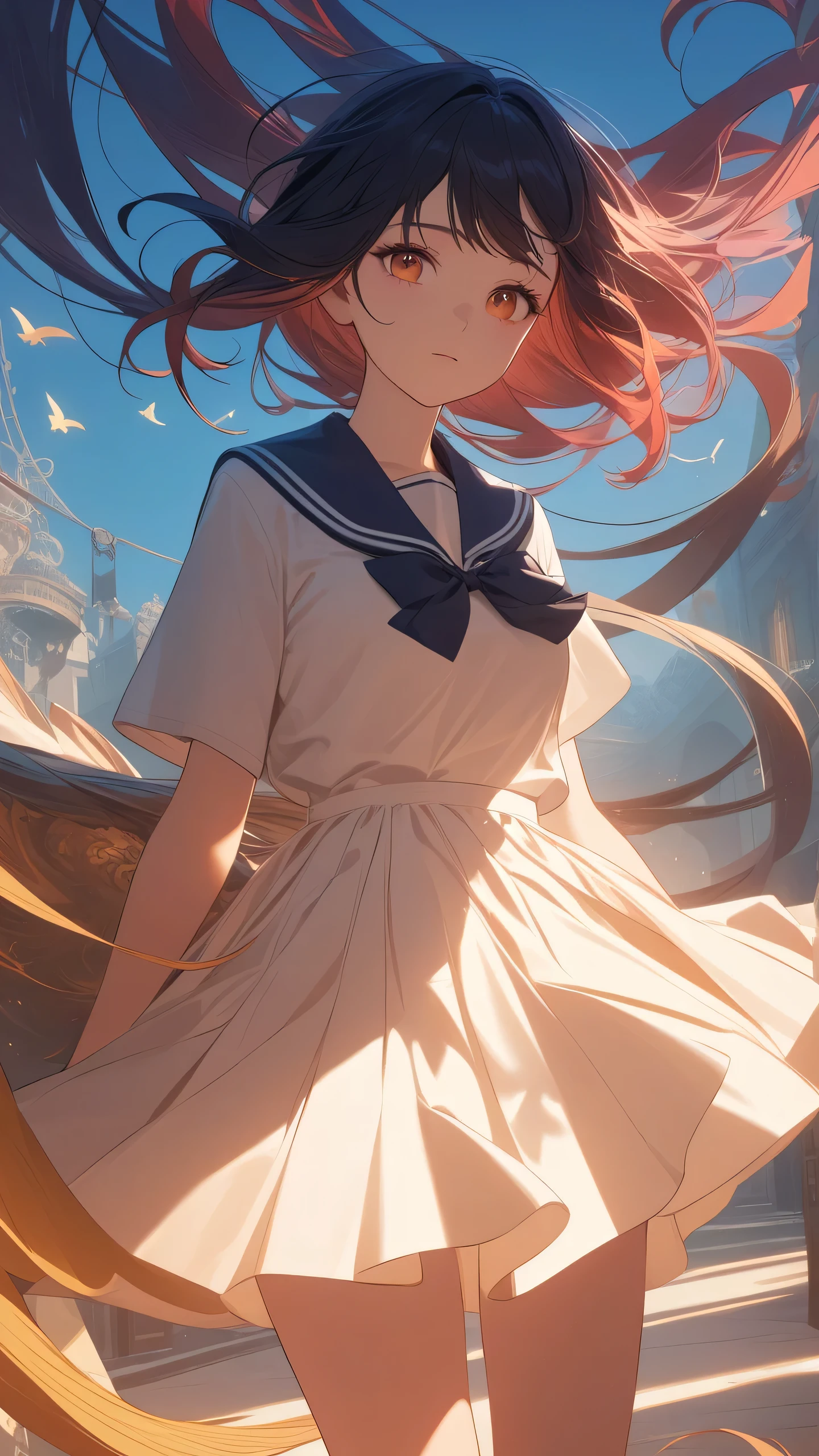 1girl, solo, schooluniform, surreal scene, detailed face, detailed eyes, detailed hair, detailed clothing, intricate details, magical realism, dreamlike, ethereal, whimsical, cinematic lighting, warm color palette, soft focus, dramatic shadows, dramatic highlights, volumetric lighting, atmospheric, mystical, fantastical, vibrant colors, detailed textures, seamless, masterpiece, best quality, 