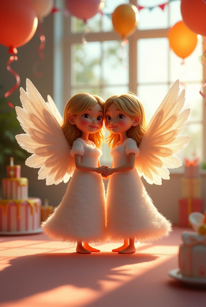 Identical twins one with wings dark blonde hair with highlights 30 birthday party decorations in background 3D Pixar Style