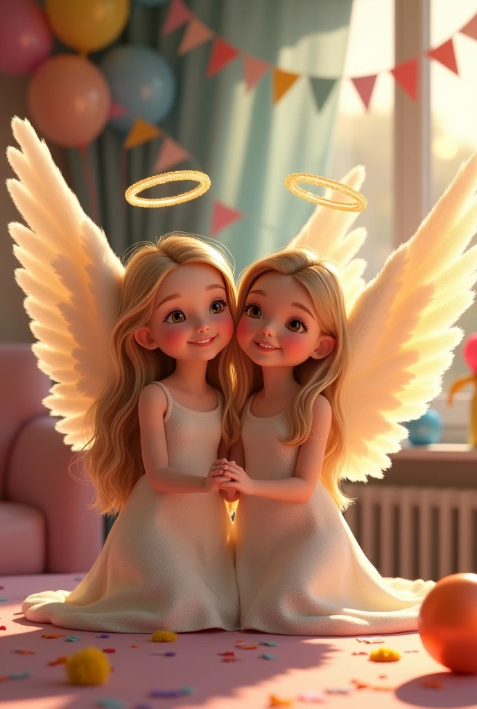 Identical twins one with wings dark blonde hair with highlights 30 birthday party decorations in background 3D Pixar Style