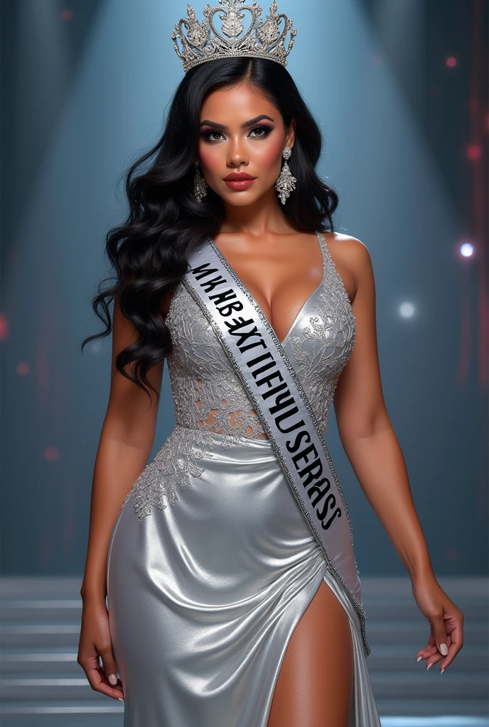 Miss universe, silver long kebaya brookat dress, at miss universe stage, wear crown, elegant, beautiful, 38 C huge boobs, slim, don't smile, sexy vibes. Sharp eyes, cool, bold make up.  Sash Miss Universe 2026. She's from Indonesia