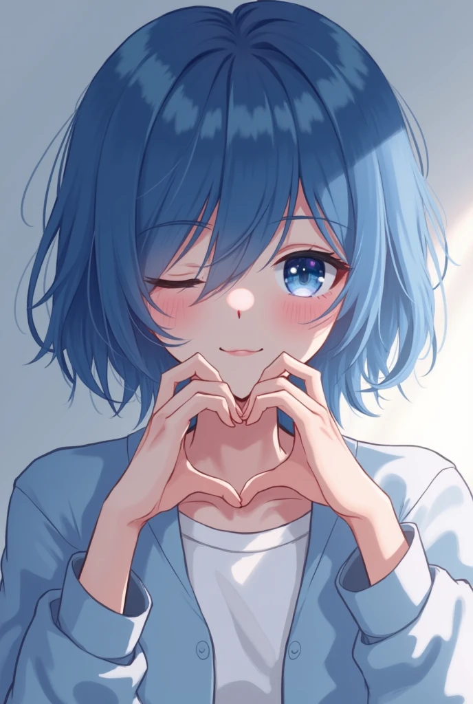 Blue Shorthair,,Hair covering the right eye,Hands making a heart,kind,Selfie,Get the blues,Half Body