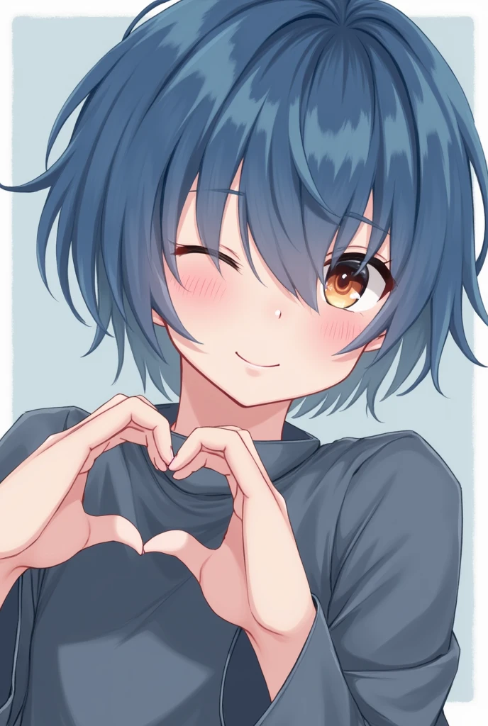 Blue Shorthair,,Hair covering the right eye,Hands making a heart,kind,Selfie,Get the blues,Half Body