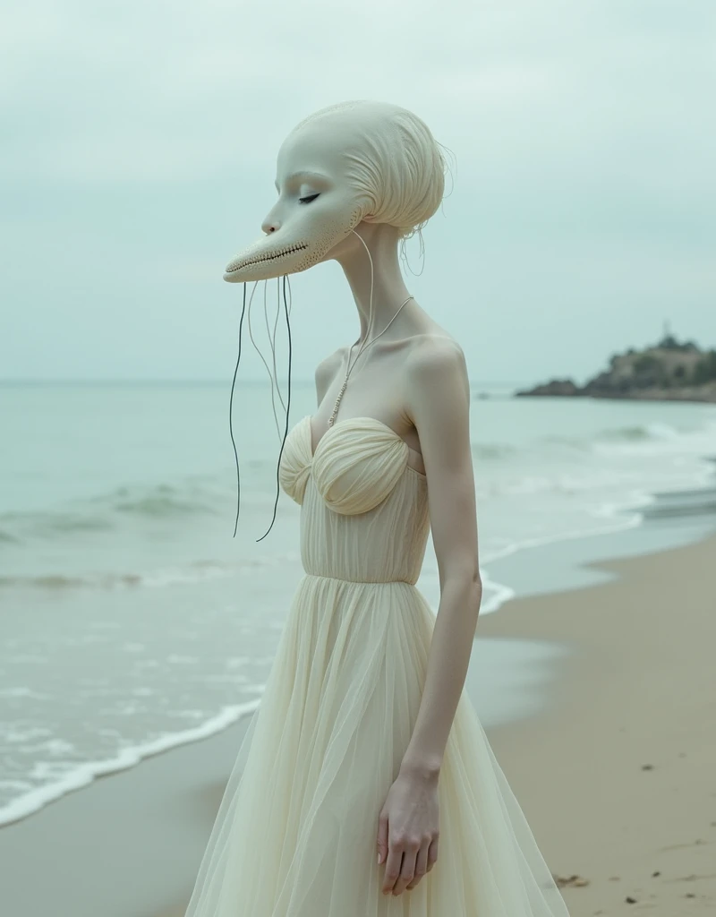 A surrealistic full body photograph of an elegant female humanoid creature with a long elongated neck, white skin and dressed in a flowing gown on the beach. Her head is completely covered by pale fabrics that cover her eyes. She has two very thin tentacles coming out from under her chin hanging down to the ground. It is a surrealistic style of photography in the style of Zdzisław Beksiński