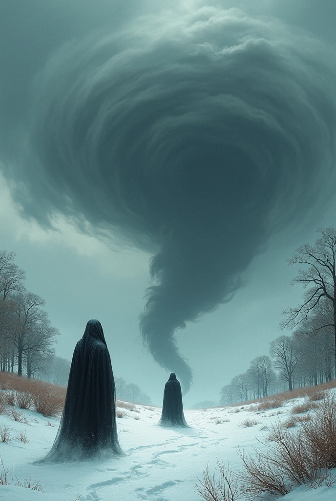 A snowy place where there is a tornado behind it, Later an earthquake and two totally black ghosts watching me