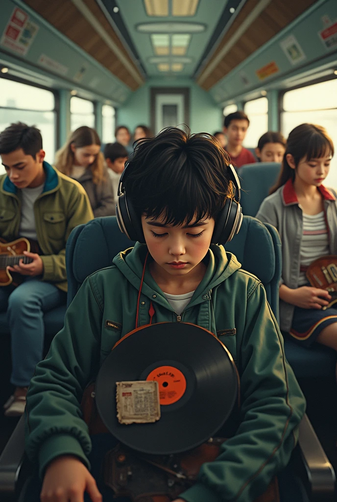 a boy sitting in a train carriage wearing headphones and holding an LP, and a rock band traveling inside a wagon, ordinary people on the other benches of the carriage
