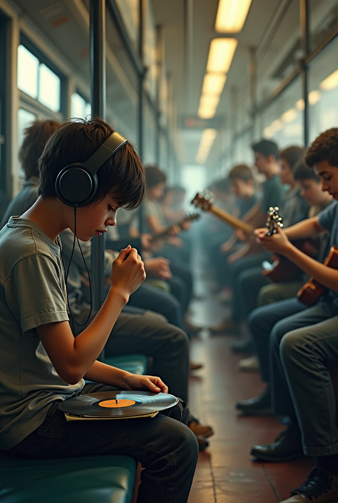 a boy sitting in a train carriage wearing headphones and holding an LP, and a rock band traveling inside a wagon, ordinary people on the other benches of the carriage