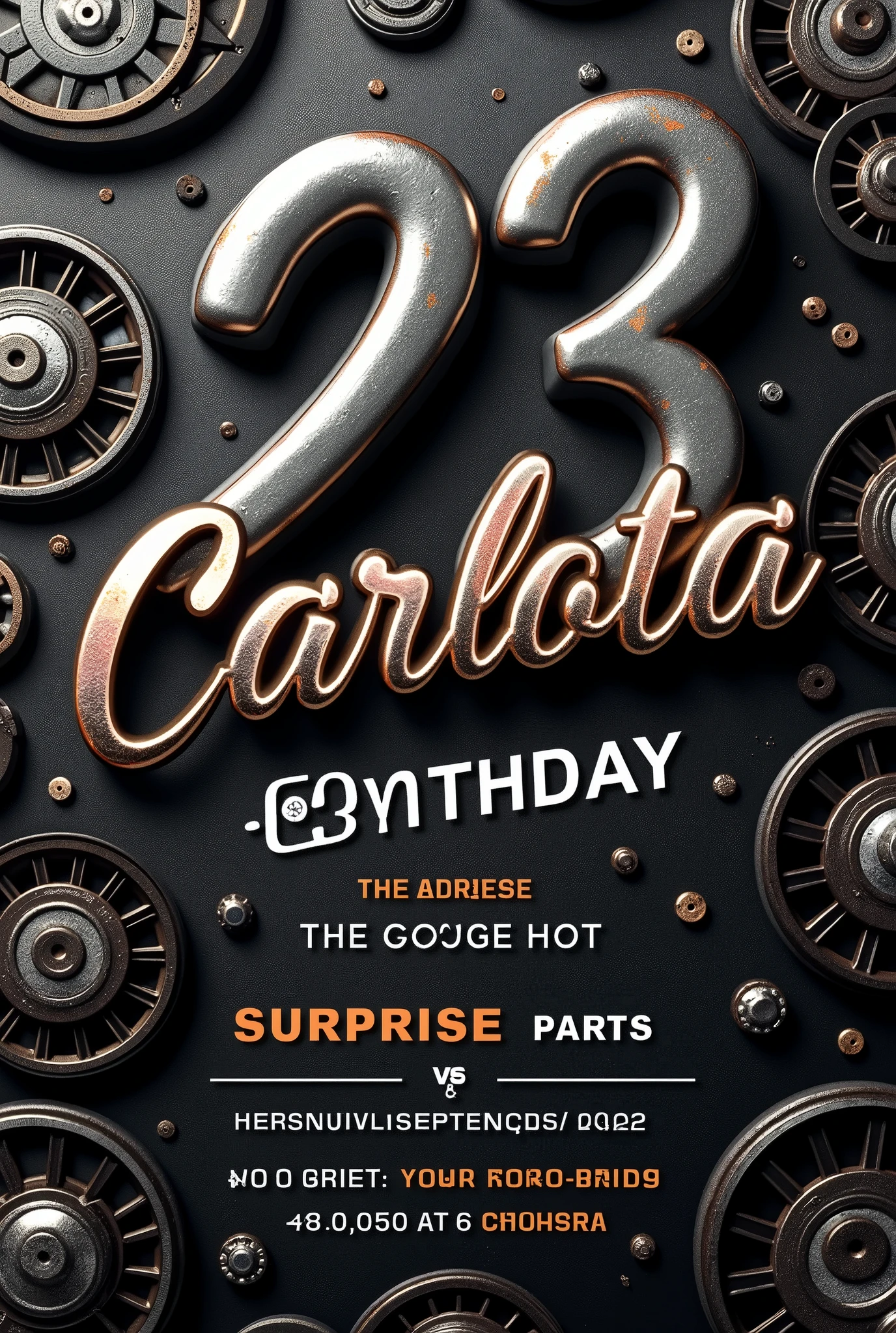 a birthday invitation from carlota, He&#39;s going to turn 23, so his girlfriend Lais is going to throw a surprise party and invite her friends with an invitation., make the invitation with the address: at henrique&#39;s house on the 12th/09/2024 Thursday at 8:00 pm, make it clear that it is a surprise and that guests only need to bring whatever alcoholic drink they are going to drink., The invitation needs to be something related to the theme of the party, which is mechanics, and if possible, add some car hubcaps to give it a bit of charm in Brazilian Portuguese in black., gray and silver