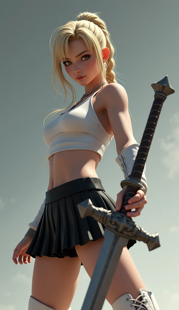 Super realistic, Cinema 4D rendering, Game Character, Low-angle shot, from below, 1 lady, whole body. Holding a Dragon Slayer and Strike a pose, grip the sword anatomically correctly, Single Braided blonde pony tail, parted bangs, forehead, wearing a white camisole and black pleated mini skirt, white high cut underwear, black pantyhose, white Lace-up boots, glaring at the viewer, simple color background