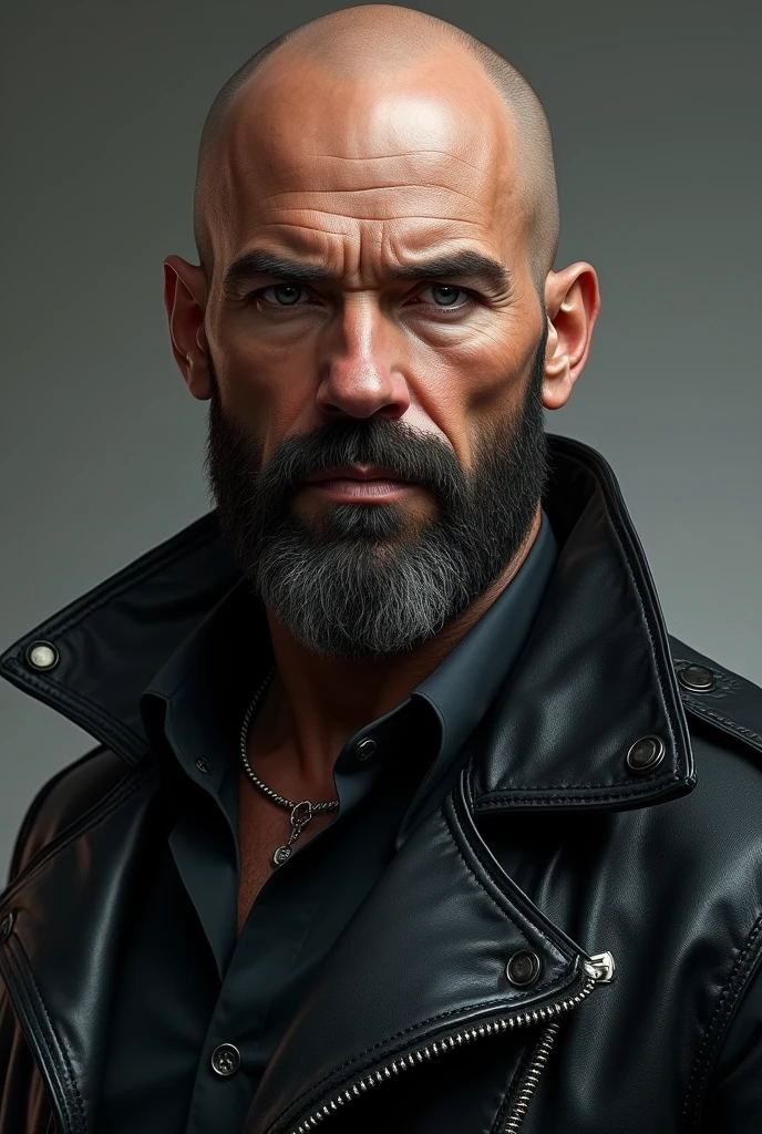 ((Best Quality)), ((masterpiece)), (detailed), 1 bald man, black trimmed beard, grey eyes, black leather jacket