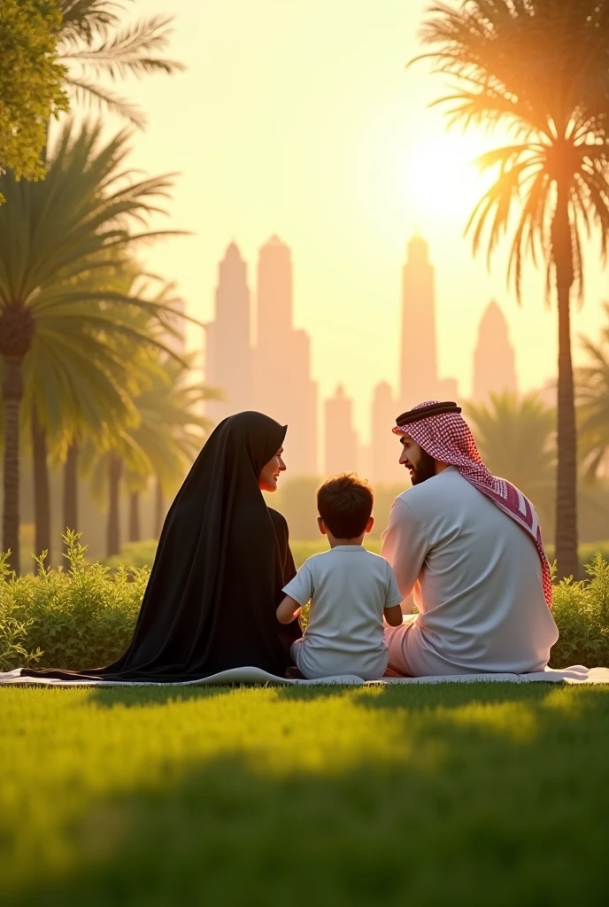 (photorealism:1.2), arabian family, father mother and 2 kids, in a garden at noon, enjoying the sun, mother wearing saudi black costume while the father and 2 kids wearing white saudi costume, sun lighting, Riyadh sky scrappers in background, realistic, intricate details