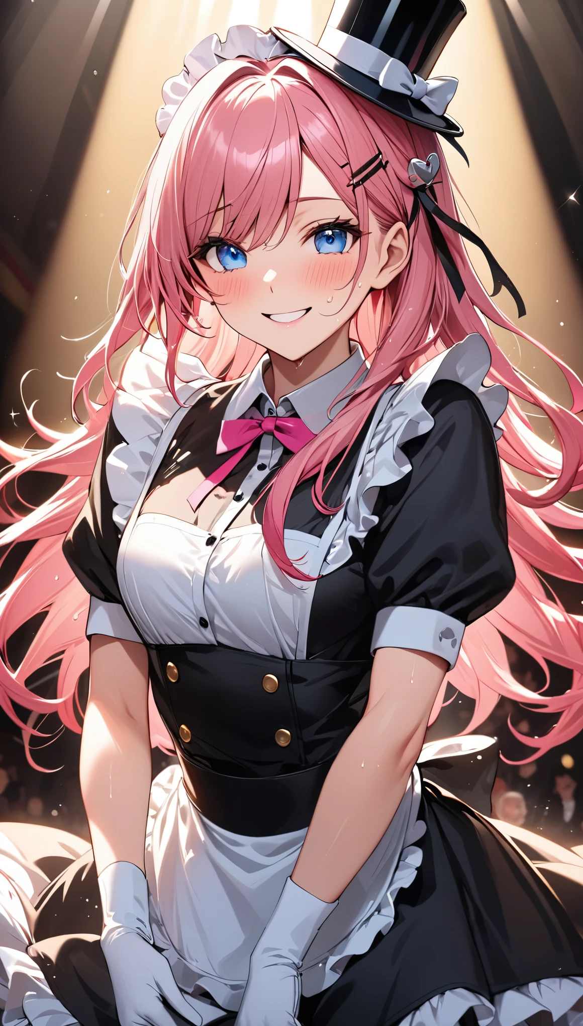 ((best quality)), ((masterpiece)), (detailed), perfect detailed eyes, perfect detailed face, pink hair, long hair, hairpin, maid, maid costume, Tap dancing on a theater stage, in the spotlight, (Wear a top hat and white gloves), Shining sweat, smiling face, ((top hat))