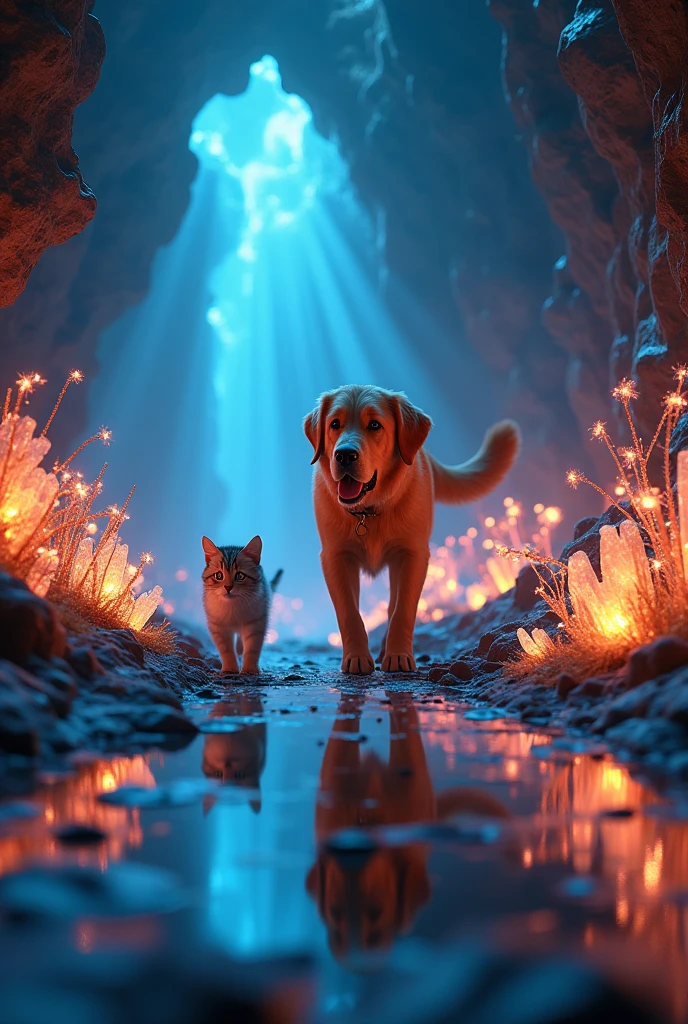 "4K ultra-realistic cinematic scene of a golden retriever dog and a tabby cat exploring a mysterious ancient cave filled with glowing crystals and bioluminescent plants, the dog leading the way with a determined expression while the cat curiously looks around, their reflections dancing on the shimmering surfaces, a sense of wonder and excitement in the air, highly detailed textures, atmospheric lighting, Unreal Engine 5 render, ultra-high resolution"
