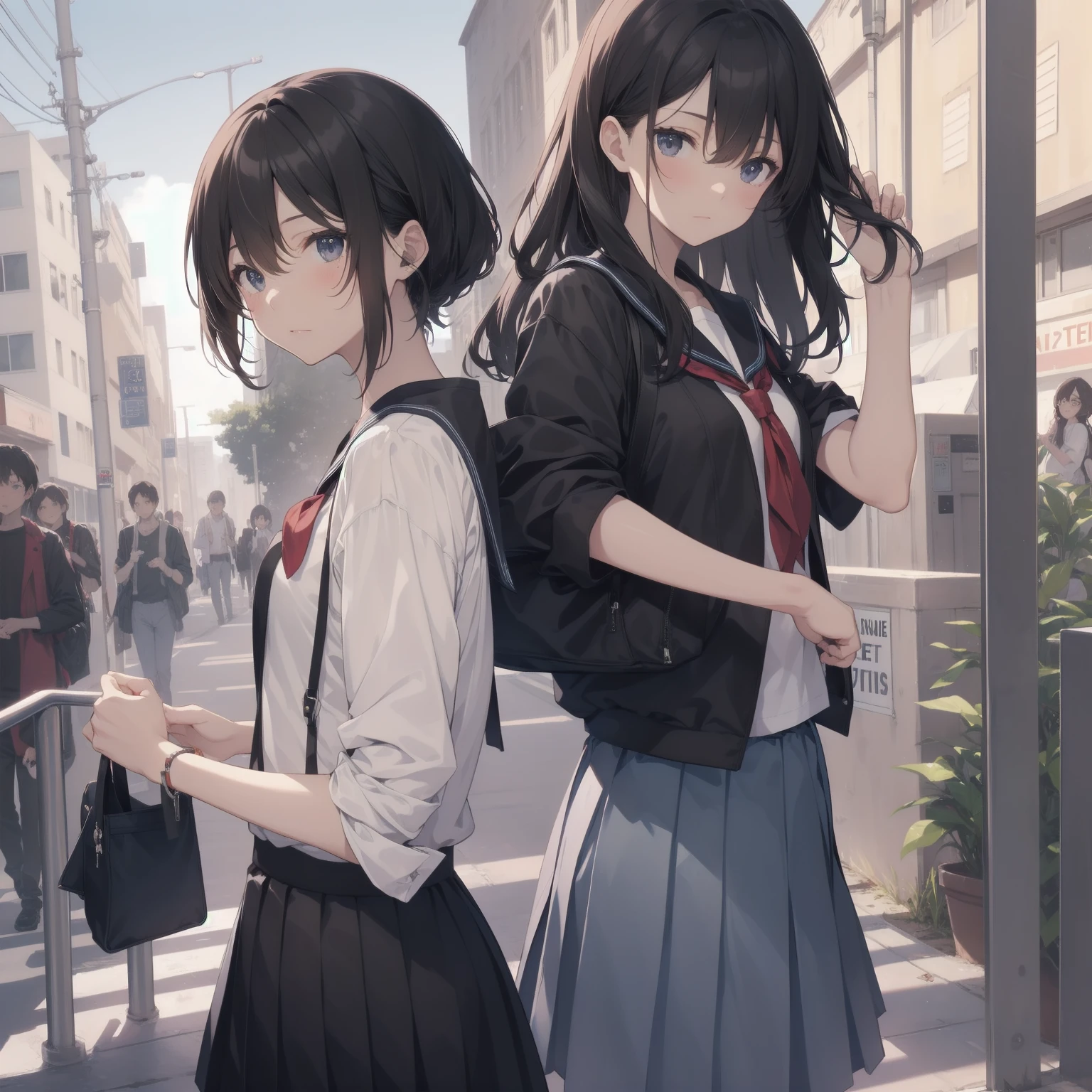 ultra-absurdres-Top quality by artist God, ultra-detailed, high resolution, anime moe artstyle, best anime 8k konachan wallpaper, pixiv contest winner, pool:2810, perfect anatomy,break, 1girl, (Please draw a girl walking sleepily to school alone. )break,(Solo,little female,15yo:1.3),Full limbs, ,a junior high school student, (very short hair), short cut, flat chest, , small butt, small black eyes, beautiful detailed eyes, well-proportioned iris and pupils, expressive eyes, highres detailed hair, soft expression, salor school_uniform, sailor collar, serahuku, bow, pleated skirt,(Detailed Lighting), (Detailed background), in the School commute route. break,super detailed skin, Best cinematic lighting powered by famous artist, 8k,beauty illustration,photoshop_(medium),very aesthetic,break,((artist:merunyaa )), artist:clamp ,artist:carnelian ,artist:kantoku ,