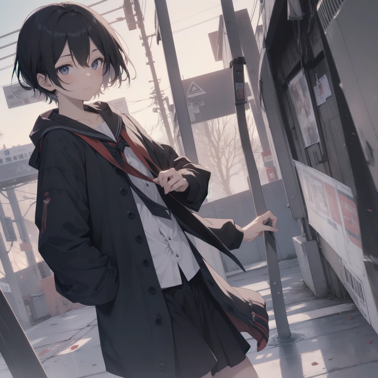 ultra-absurdres-Top quality by artist God, ultra-detailed, high resolution, anime moe artstyle, best anime 8k konachan wallpaper, pixiv contest winner, pool:2810, perfect anatomy,break, 1girl, (Please draw a girl walking sleepily to school alone. )break,(Solo,little female,:1.3),Full limbs, ,a junior high school student, (very short hair), short cut, flat chest, , small butt, small black eyes, beautiful detailed eyes, well-proportioned iris and pupils, expressive eyes, highres detailed hair, soft expression, salor school_uniform, sailor collar, serahuku, bow, pleated skirt,(Detailed Lighting), (Detailed background), in the School commute route. break,super detailed skin, Best cinematic lighting powered by famous artist, 8k,beauty illustration,photoshop_(medium),very aesthetic,break,((artist:merunyaa )), artist:clamp ,artist:carnelian ,artist:kantoku ,