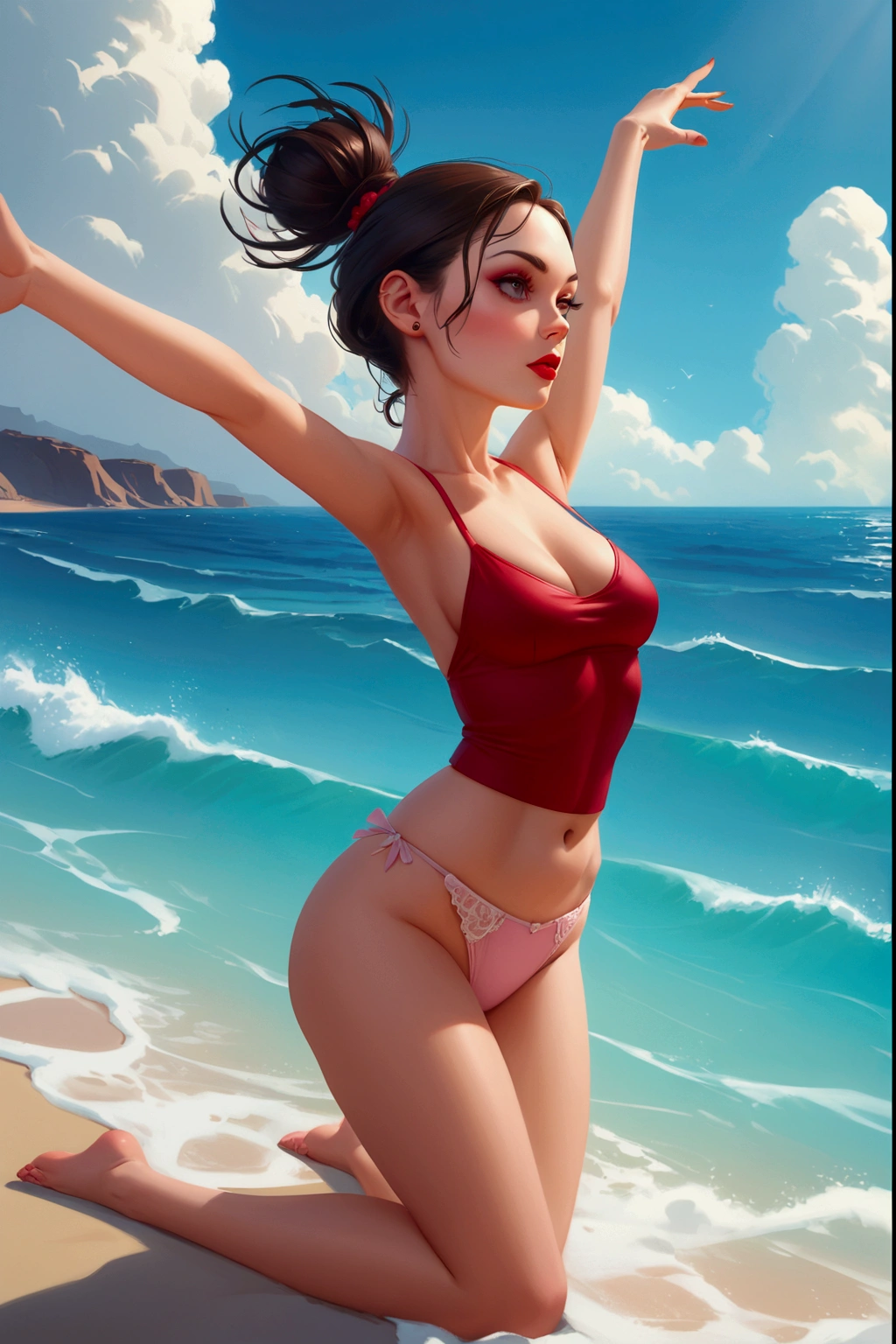 painting of a woman in light pink lace lingerie on the beach, tight red tank top, exposed belly, Ilya Kuvshinov. 4K, artgerm and Ilya Kuvshinov, 极其详细的Artgerm, Ilya Kuvshinov and artgerm, soft anime cg art, realistic bikini, Ilya Kuvshinov landscape, Rob Rey and Kentaro Miura style