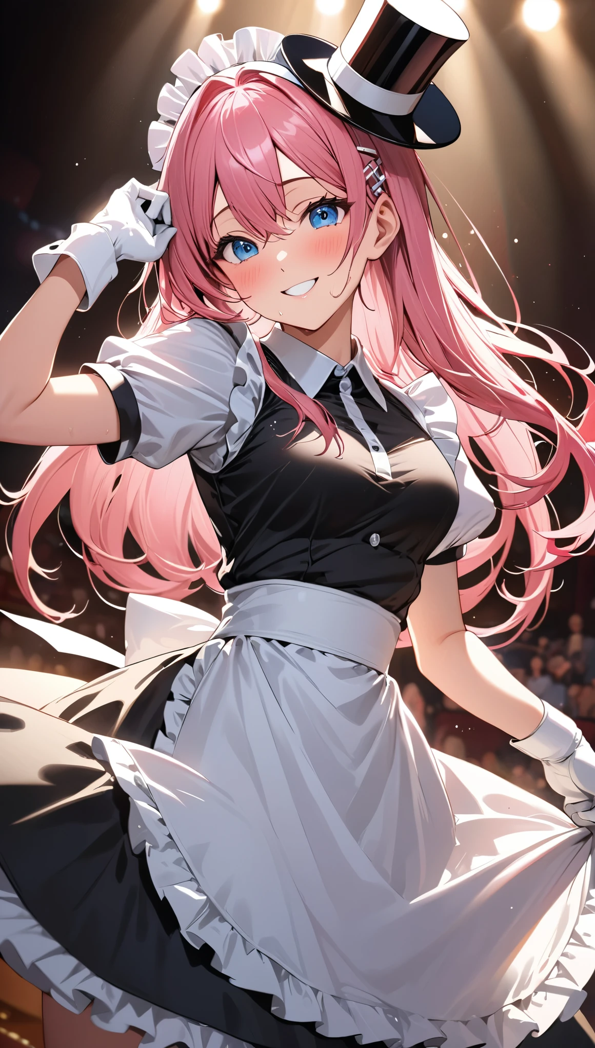 ((best quality)), ((masterpiece)), (detailed), perfect detailed eyes, perfect detailed face, pink hair, long hair, hairpin, maid, maid costume, Tap dancing on a theater stage, in the spotlight, (Wear a top hat and white gloves), Shining sweat, smiling face, ((top hat))