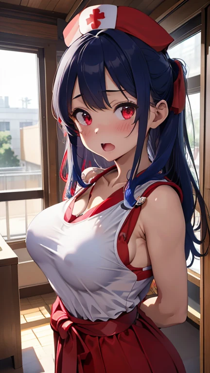 mastute piece,Best Quality,insanely detailed,8k cg,nsfw,
(shoot upper body:1.3),
(1girls:1.3),standing,looking at viewr,body in front,((both arms behind back:1.4)),(shrine maiden costume:1.3,red hakama:1.1,nurse cap:1.4),break,
blush,shy,(ecstasy face),(trembling:1.2),break,(blue hair:1.2),
break,
perfect breasts,perfect teats,(open mouth:0.9),(large breasts:1.3),
(hospital room:1.1),