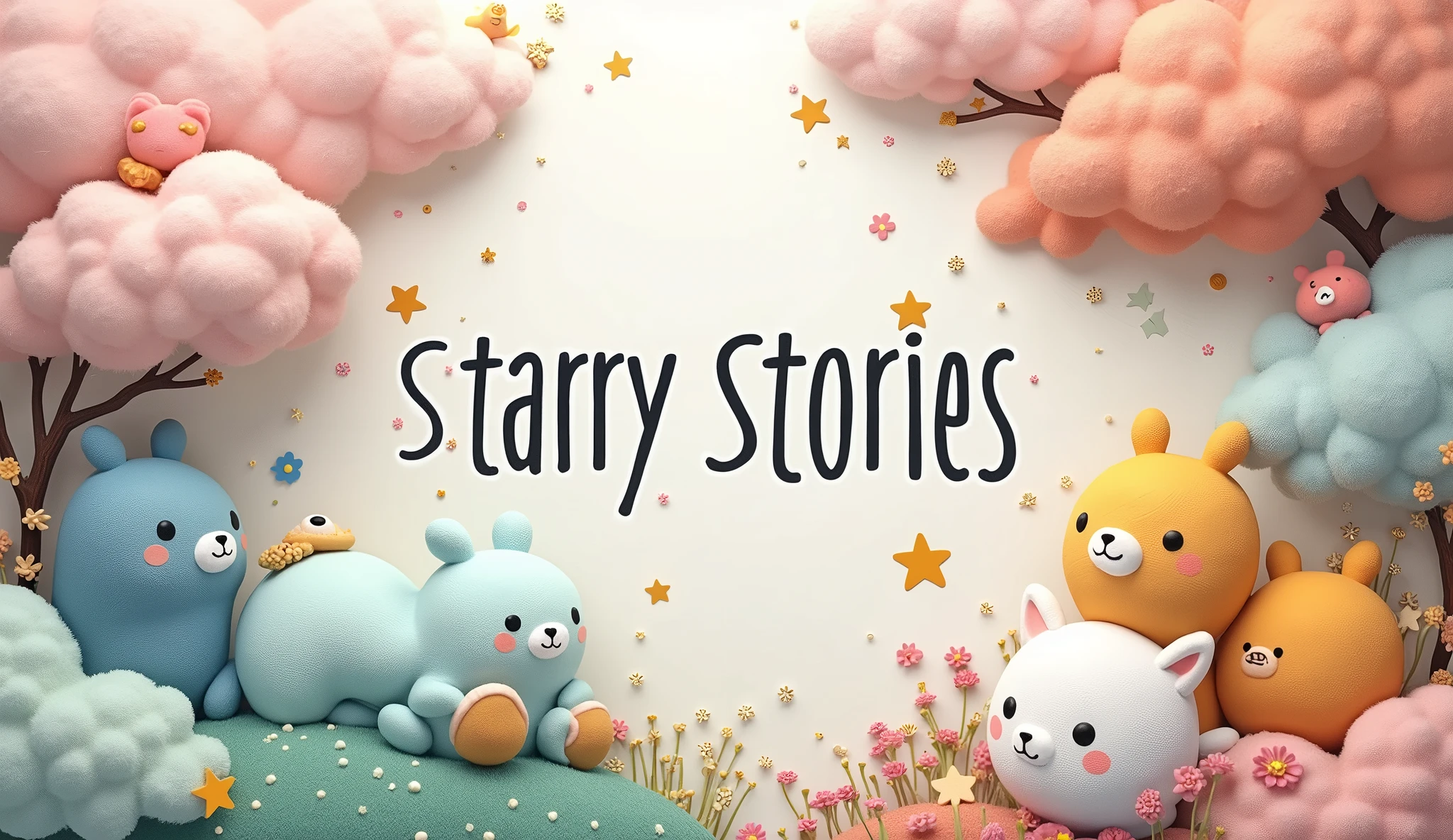 Create a banner for a YouTube channel specializing in the theme of bedtime stories in style 
The channel will post cute, kind, instructive and soothing stories for babies with a quality video accompaniment of animated illustrations in a cute style.
It should warm and pleasant associations with a wonderful childhood. 
Channel name - Starry Stories