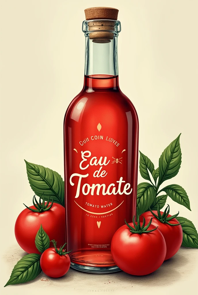 Image illustrations « vintage » d’une bouteille vintage en Crystal , transparent rouge, inscrit sur le flacon « Coin Coin Lovers » et « Eau de Tomate », en arrière plan des tomates et du basilic. 