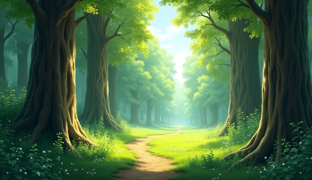 Create a serene forest scene where tall, majestic trees dominate the landscape, their thick trunks rising high into the clear, crisp air. The canopy overhead is lush with green leaves, allowing soft rays of sunlight to filter through, casting dappled light on the forest floor. The air feels fresh and invigorating, with a sense of purity and tranquility. A narrow, winding path meanders through the trees, inviting exploration. In the distance, a small clearing opens up, bathed in gentle sunlight, where a few wildflowers bloom amidst the grass.