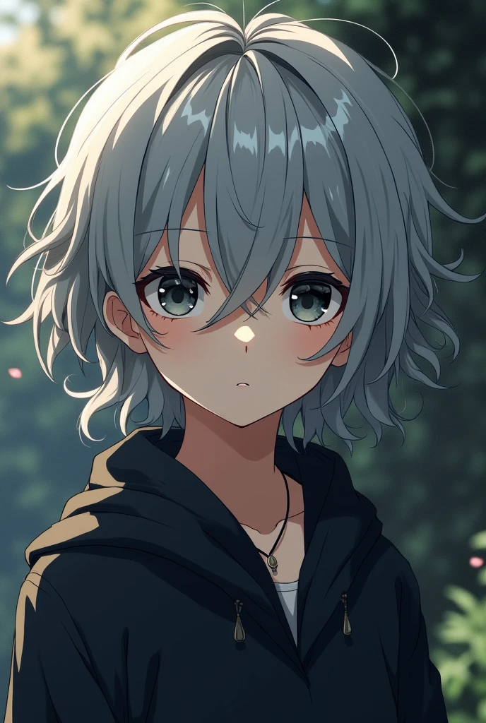 anime boy with wavy grey har and black eyes