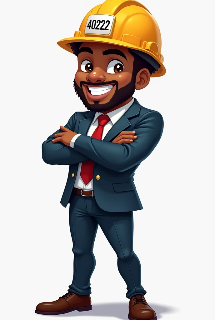 I want a well-dressed black cartoon character with a worker's helmet and the number 40222 written on the helmet