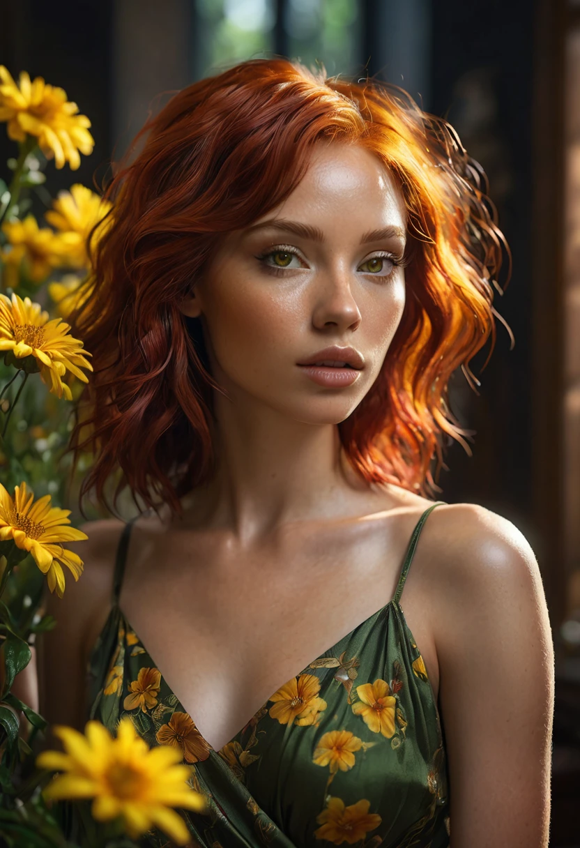 A woman, sensual, she is an adult, red hair styled with gel, (((a woman with red hair 1.7)))(((very beautiful))), perfect faces, she is surrounded by yellow flowers in her room, dark and cool palette, moss green dress that fits her body, yellowish eyes, 8K, modest clothing, extremely detailed, lips shining with colorless gloss, (high quality, realistic, photorealistic: 1.37), ideal proportions and dark skin (brown black skin) (DARK SKIN )) (BLACK SKIN) defined, meticulously crafted features, unapproachable beauty, perfection, artistic art, vivid realism, hyper-detailed sculpting, realistic shapes, truly inspiring, impeccable craftsmanship, pure brilliance, ethereal beauty, delicate contours, striking poses, sublime beauty, subtle nuances, dynamic compositions, vibrant colors, perfect lighting, moving expressions, heavenly aura, majestic presence, dreamlike atmosphere, unmatched high level of detail, high-octane rendering in artstation, photography 8k art, photorealistic concept art, volumetric cinematic soft natural light, chiaroscuro, award winning photography, fine art, oil on canvas, beautiful, detailed, intricate, insane