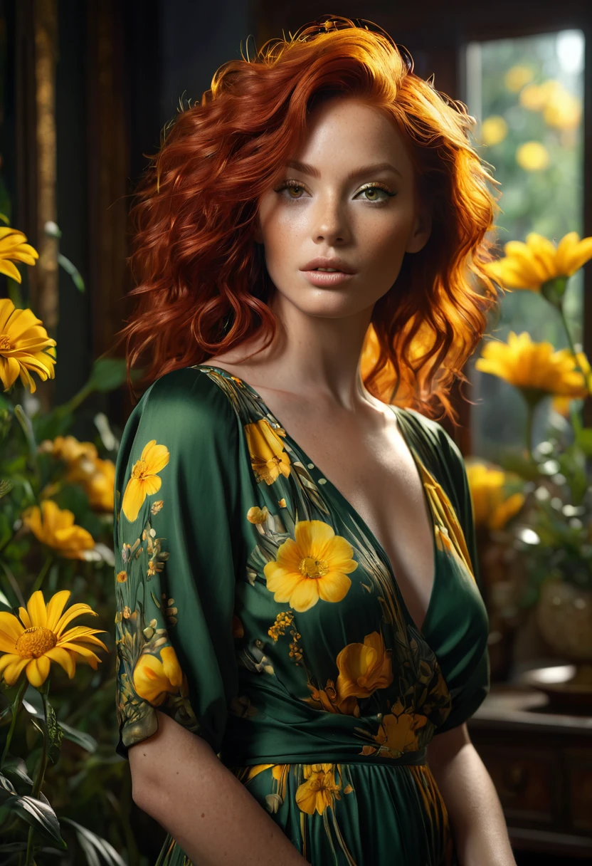 A woman, sensual, she is an adult, red hair styled with gel, (((a woman with red hair 1.7)))(((very beautiful))), perfect faces, she is surrounded by yellow flowers in her room, dark and cool palette, moss green dress that fits her body, yellowish eyes, 8K, modest clothing, extremely detailed, lips shining with colorless gloss, (high quality, realistic, photorealistic: 1.37), ideal proportions and dark skin (brown black skin) defined, meticulously crafted features, unapproachable beauty, perfection, artistic art, vivid realism, hyper-detailed sculpting, realistic shapes, truly inspiring, impeccable craftsmanship, pure brilliance, ethereal beauty, delicate contours, striking poses, sublime beauty, subtle nuances, dynamic compositions, vibrant colors, perfect lighting, moving expressions, heavenly aura, majestic presence, dreamlike atmosphere, unmatched high level of detail, high-octane rendering in artstation, photography 8k art, photorealistic concept art, volumetric cinematic soft natural light, chiaroscuro, award winning photography, fine art, oil on canvas, beautiful, detailed, intricate, insane