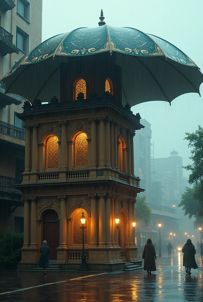 A realistic picture of a building, in an indian city, background of raining, and there’s a big umbrella over the building protecting it from rain.
