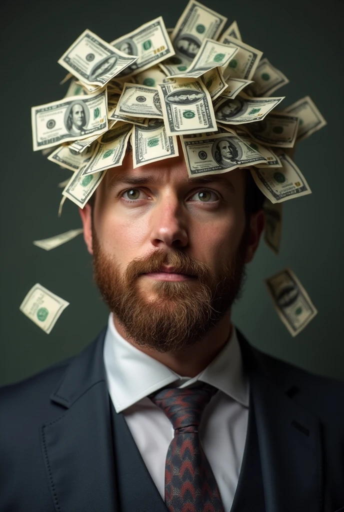 create an image alluding to wealth with a man full of money around his head