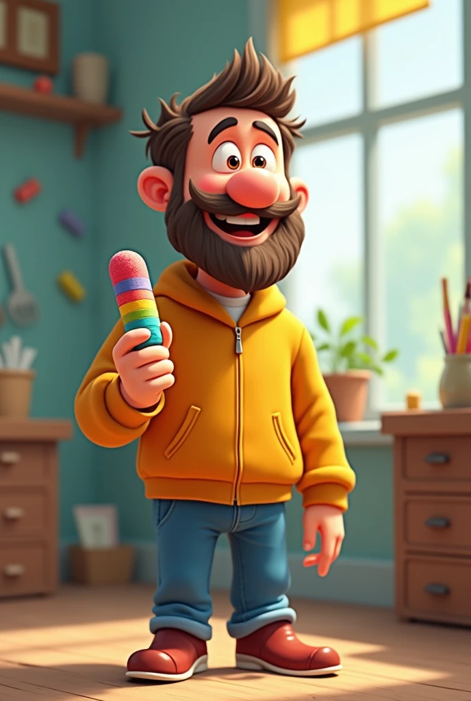Animated father with full body holding small chalk with different colors