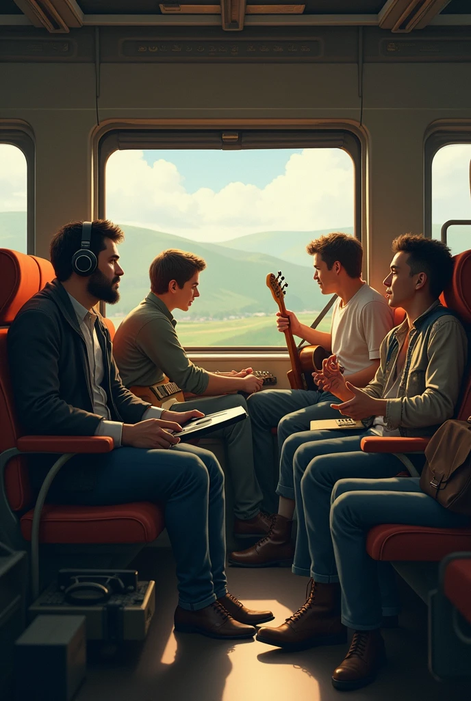 a man sitting in a train carriage wearing headphones and holding an LP, and a rock band traveling inside a wagon, ordinary people on the other benches of the carriage