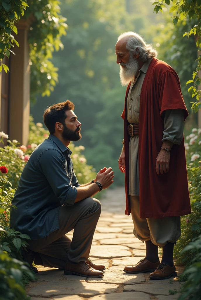 30 year old rich young man on his knees crying asking for forgiveness,  put an old man in the photo,the son looking at the elderly man, your beard must be short, the young man also has a short beard, both are in a garden
