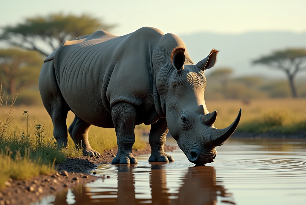 Create a captivating, hyper-realistic, AI-generated artwork of a rhinoceros drinking water in its natural habitat. The rhinoceros should be depicted standing by a waterhole or river, with its head lowered to drink. Capture the detailed texture of the rhinoceros's rough, wrinkled skin, its impressive size, and the distinctive horns. The scene should reflect the African savanna landscape, featuring low grasses, tered bushes, and perhaps a few distant acacia trees. Emphasize the inteween the rhinoceros and the water, including the ripples and splashes created as it drinks. Include reflections of the rhinoceros in the water and the texture of the muddy water around its legs. Use natural, earthy colors to depict the rhinoceros and its surroundings, highlighting the contrast between the animal’s grayish skin and the vibrant greens and browns of the environment. The lighting should be soft and natural, conveying the warmth of the African sun and enhancing the rhinoceros’s features and the textures of its environment. The style should be hyper-realistic yet artistic, focusing on the rhinoceros’s serene moment and the beauty of its natural habitat. The final artwork should be high-resolution and visually striking, capturing the elegance and tranquility of the rhinoceros as it drinks water.