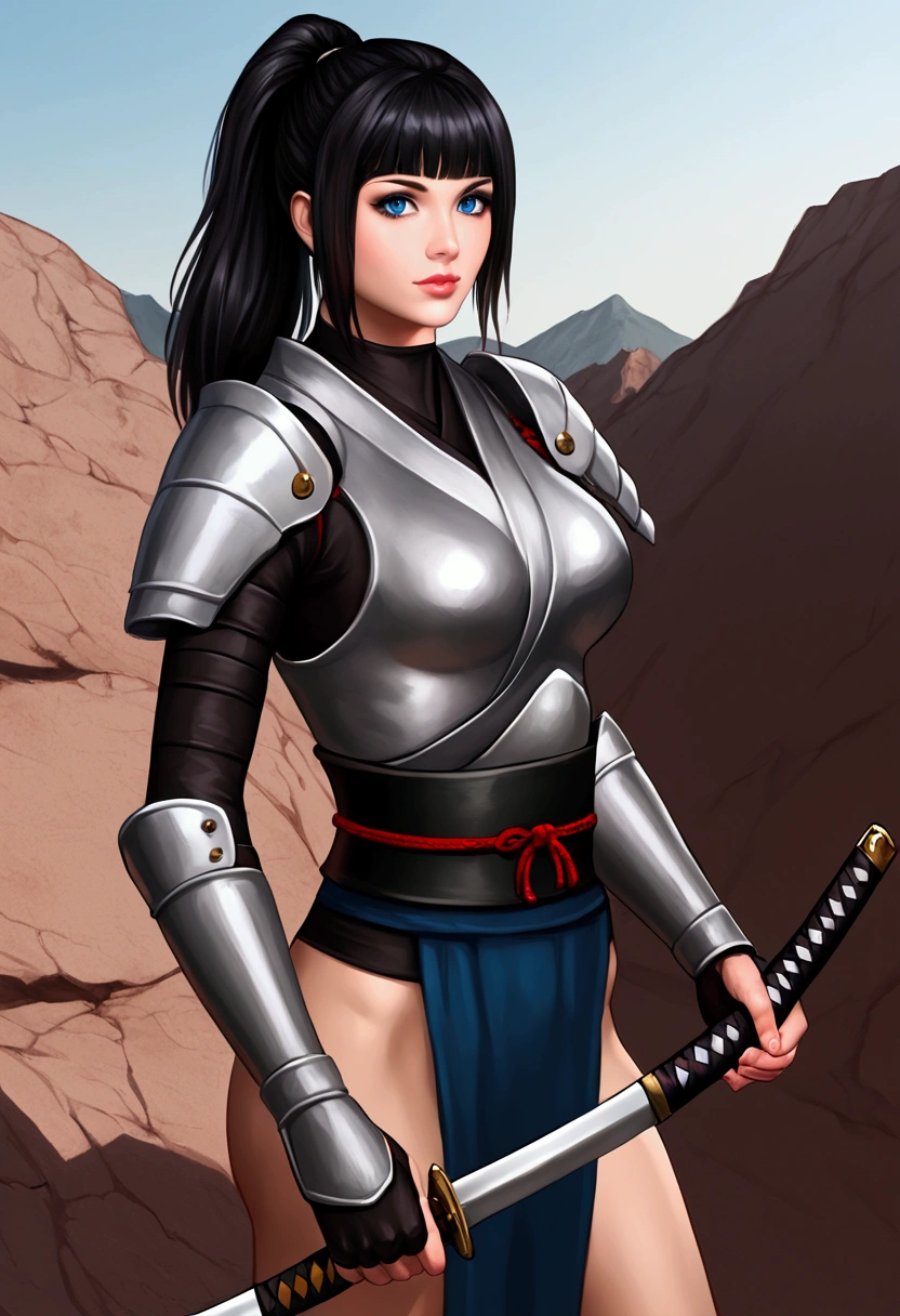 1 girl standing on a cliff wearing samurai armor, black ponytail hair, blue eyes, beautiful face, holding a katana, realistic background 1.90, realistic sky 2.0