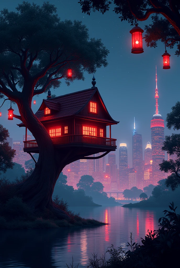 (photorealism:1.2), The image is a digital illustration of a city skyline at night. The sky is dark and starry sky , and the city is lit up with red lights. In the foreground, there is a treehouse with a red roof and a balcony overlooking a body of water. The treehouse is surrounded by trees and bushes, and there are red lanterns hanging from the branches. The water is calm and reflects the lights of the city, creating a beautiful and serene atmosphere. The buildings in the background are tall and modern, with skyscrapers and other structures visible. The overall mood of the image is eerie and mysterious.