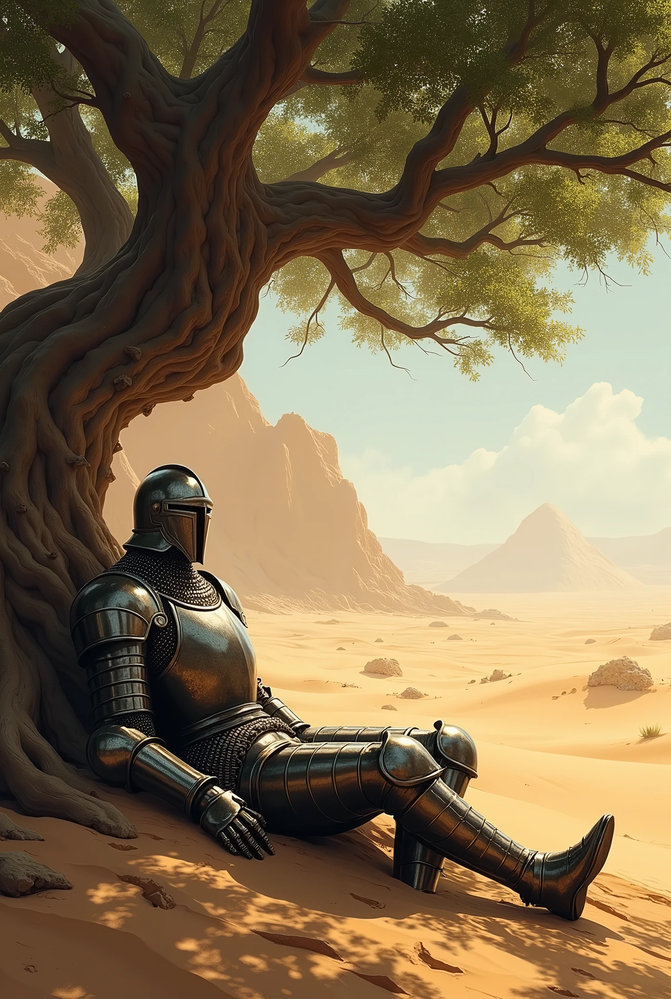 A knight covered in armor sleeps under a banyan tree in a vast desert land.